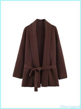 Belted Wrap Knit Cardigan V Neck Long Sleeve Loose Fit Sweater Coat